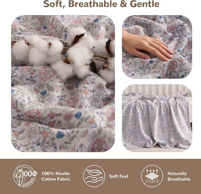 NTBAY Muslin Toddler Blanket, 4-Layer, 30x40 Soft and Breathable Receiving Blanket for Newborns and Infants, Crib Stroller Travel Use, Vintage Floral