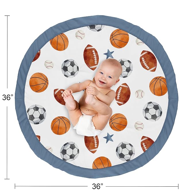 Sweet Jojo Designs Sports Theme Boy Baby Play Mat Tummy Time Activity Infant Playmat for Playpen Tent Teepee Floor Watercolor Vintage Sport Themed Soccer Football Baseball Basketball Blue Stars