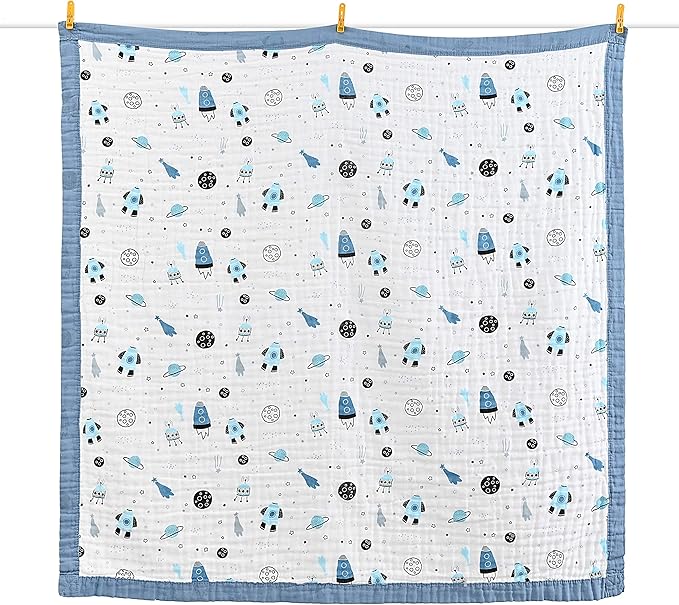 Jay & Ava Soft Cotton Muslin Blanket, 42' x 42', 4 Layers, Toddler & Baby Crib Blanket - Blue Star Space