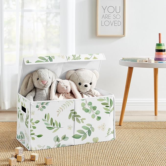 Sweet Jojo Designs Floral Leaf Girl Small Fabric Toy Bin Storage Box Chest for Baby Nursery or Kids Room - Green and White Boho Watercolor Botanical Woodland Tropical Garden