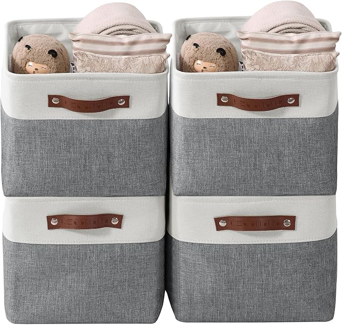 DECOMOMO Storage Baskets for Shelves - Fabric Storage Bins, Linen Closet Organizers and Storage (Slate Grey & White, Large - 4 Pack)