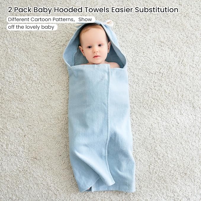 Mooreeke 2 Pack Baby Towels - 100% Cotton Baby Hooded Towels - Soft Baby Bath Towels with Hood for Newborn - Comfort Towels for Baby Girls and Boys - Animal Shaped Design (Elephants)