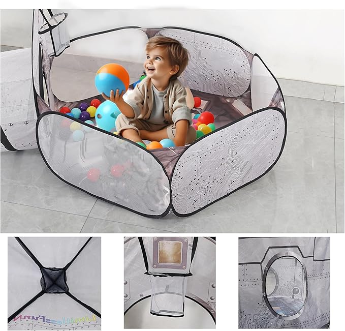 LimitlessFunN 4pc Space Rocket Ship Kids Pop Up Play Tent, Crawl Tunnel, Ball Pit | Includes Star Lights & Carrying Case |, Children Indoor Castle Playhouse for Boys, Toddlers, 47" D x 126" W x 53" H