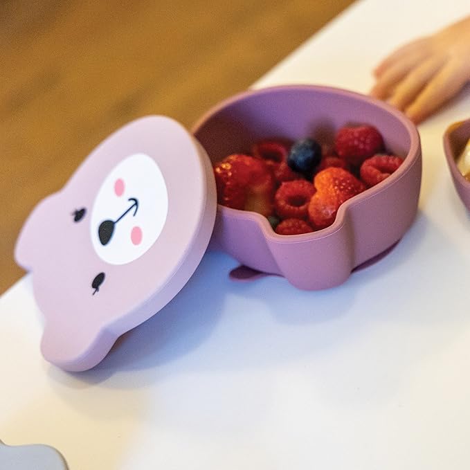 TUM TUM Suction Bowl for Baby, Toddler Bowl with Lid & Spoon, for Babies & Toddlers 6 Months+, BPA Free Silicone Baby Feeding Set, Microwave/Dishwasher/Freezer Safe, Betsy Bear, Pink