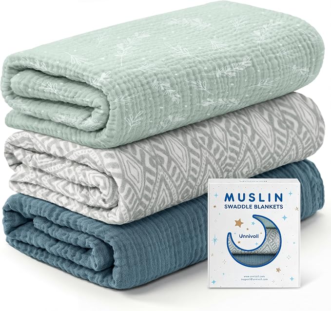 Unnivoll Muslin Swaddle Blankets for Newborns, 100% Cotton Receiving Blankets, Large 38 x 40 inches Baby Swaddle Blanket for Baby Boys and Girls, Soft Breathable Infant Baby Essentials 3 Pack Blue