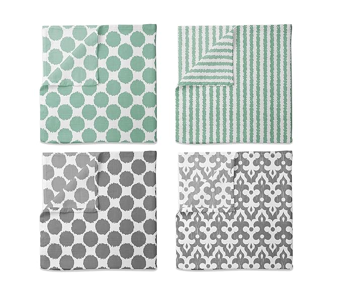 Bacati Ikat Mint/Grey Dots/Stripes Swaddling Muslin Blankets Set of 4