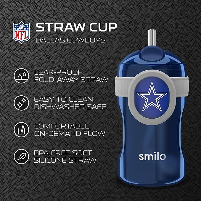 Smilo Straw Cup - Dallas Cowboys Officially Licensed NFL Sippy Cup - Baby and Toddler Cup with Weighted Silicone Straw and 8.5 oz Capacity - BPA-Free