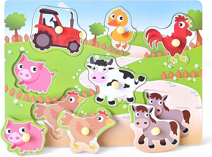 Wooden Peg Puzzles for Toddlers, Baby Puzzles Alphabet Board, Preschool Knob Puzzle