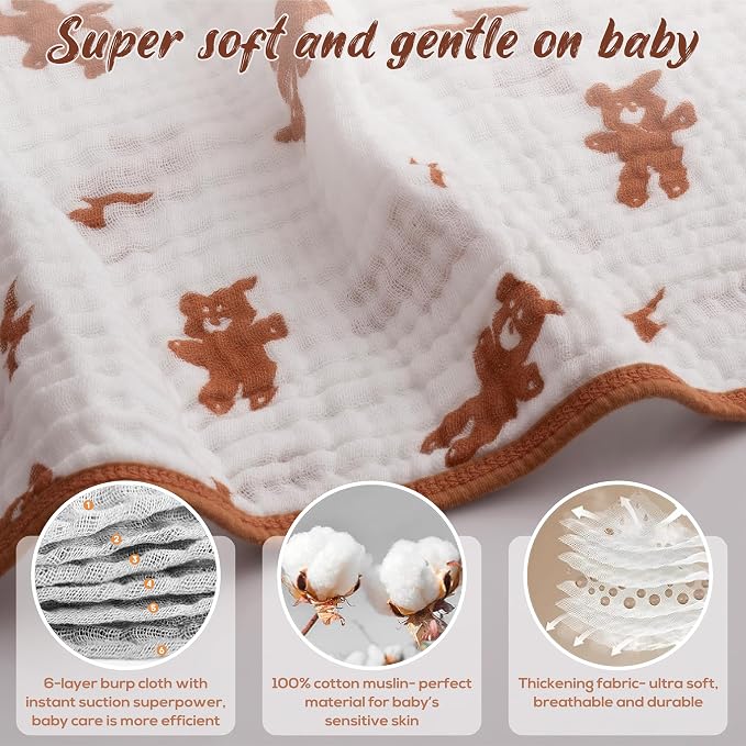 Muslin Burp Cloths, 20"x10"- Pack of 8, 6 Layers Super Soft Absorbent & Breathable 100% Cotton for Baby Drool and Messes, Burp Cloth Baby Boy and Burp Cloths Baby Girl