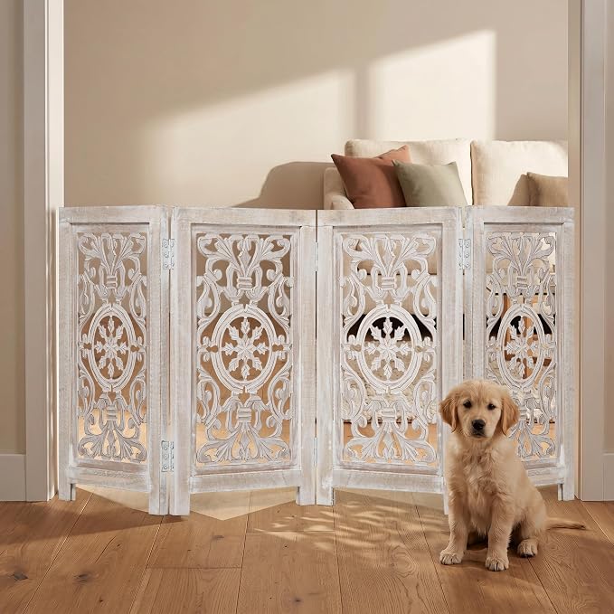 Decorative Wooden Pet Gate, Dog Fence, Cat Gate, Foldable, Adjustable, Portable, Extra-Wide, Wooden Dog Barrier, Free-Standing Puppy Gate 4 Panels for Indoor, Doorways, Stairs-26x52 Inch White Wash