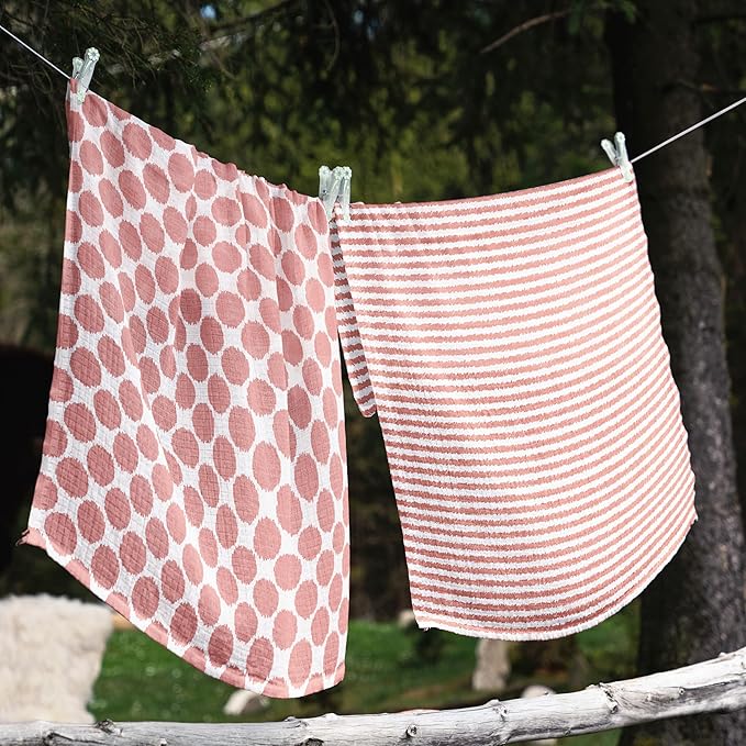 Bacati Ikat Coral/Grey Dots/Stripes Swaddling Muslin Blankets Set of 4