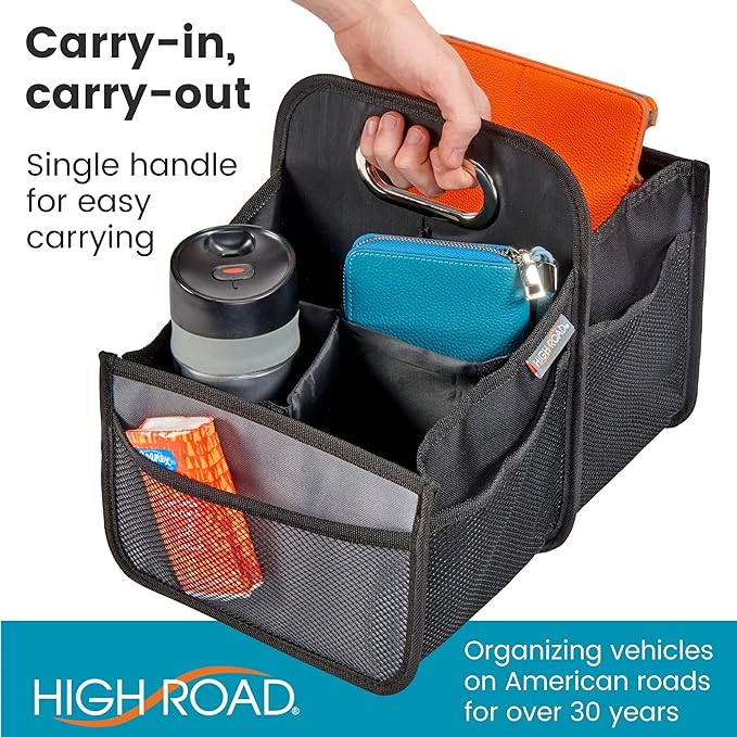 High Road Car Caddy with Cup Holders - Front Seat Organizer for Drivers or Back Seat Organizer for Kids - Portable Car Organizer with Easy One-Handed Carry Handle