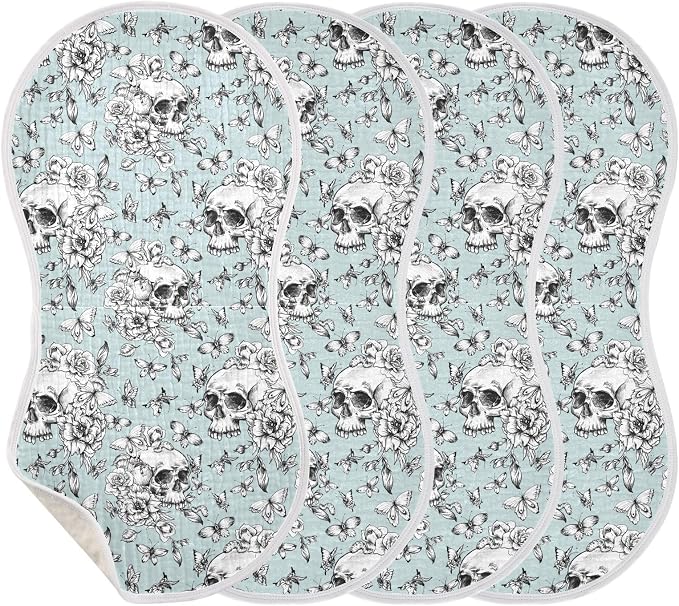 Muslin Burp Cloths for Baby Boys and Girls - 4-Pack Ultra Absorbent Goth Skull Muslin Washcloths, Newborn Towel, Milk Spit Up Rags, Burp Cloth Bib for Unisex, 22 x 11 Inch