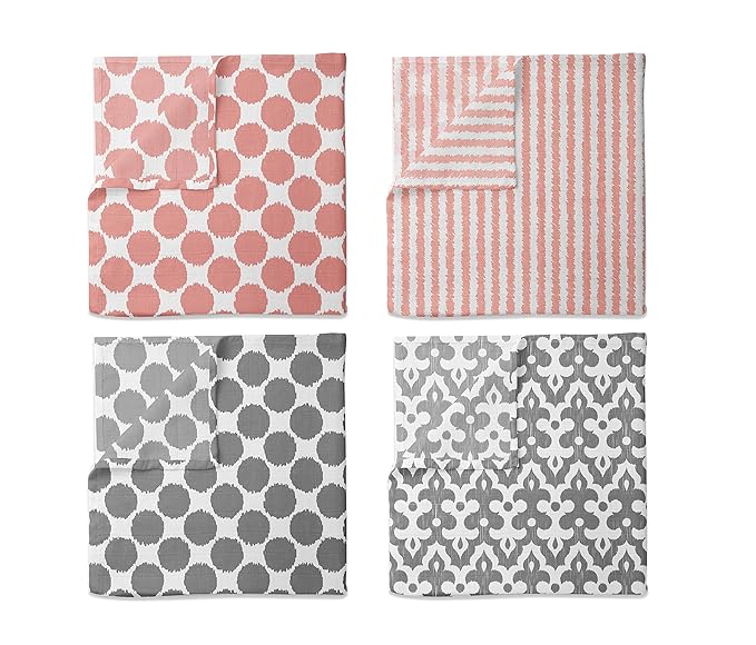 Bacati Ikat Coral/Grey Dots/Stripes Swaddling Muslin Blankets Set of 4