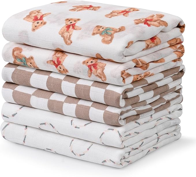 GLLQUEN BABY Receiving Blanket Boy Cotton Muslin Swaddle Blankets Girl Newborn Squares Breathable & Soft Thin Baby Blankets Cloths Double Absorbent Infant Swaddling Wrap - 6 Pack (Christmas Bear)