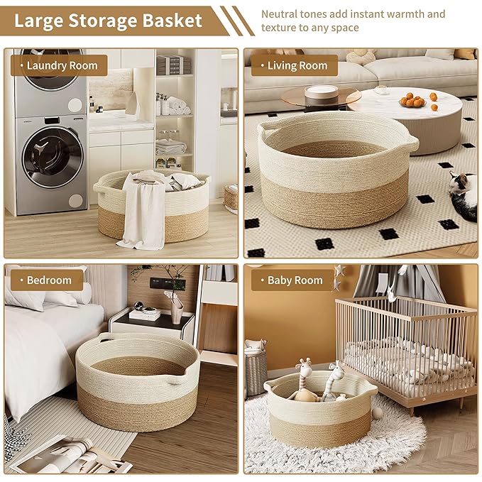 125L Extra Large Blanket Basket, 25" x 16", Jumbo Laundry Woven Baskets Decorative Home, Cotton Rope Basket with Handles, Baby Toy Baskets for Storage, White & Brown