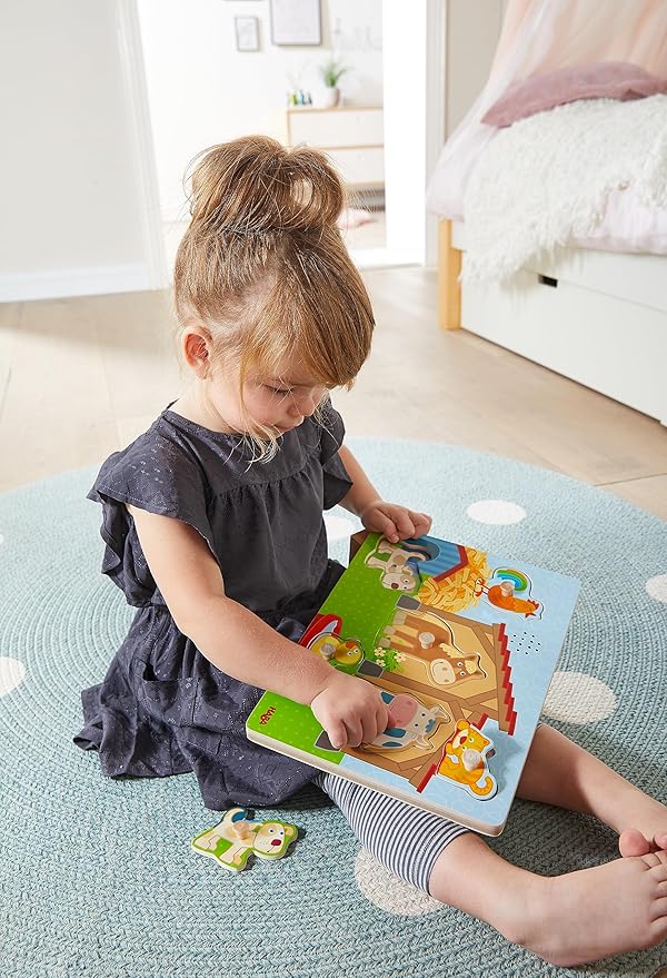 HABA Sounds - Clutching Puzzle in The countryside | wooden peg puzzles for 2 year old with sounds | 303179