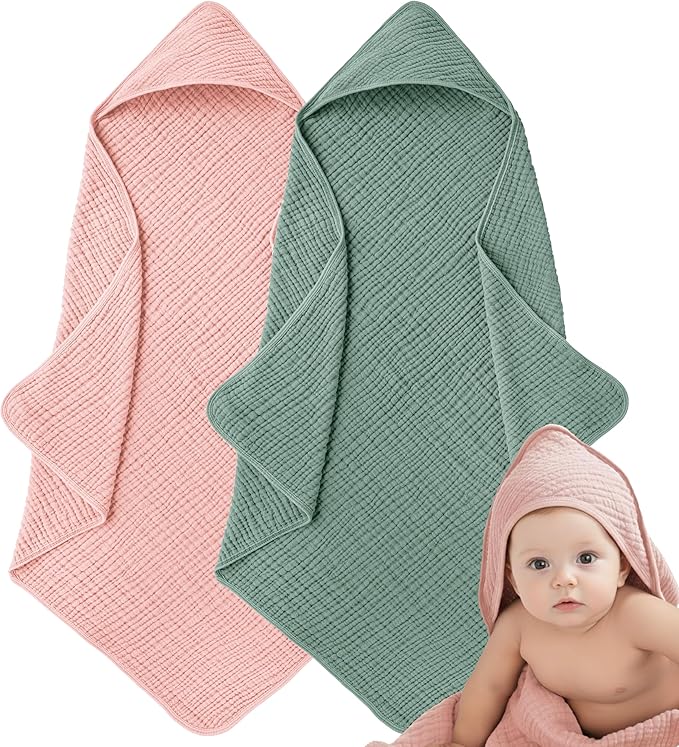 Muslin Hooded Baby Towels for Newborns, 32"x32", 100% Cotton ??6 Layers Super Soft Absorbent Breathable, Baby Bath Towel, Toddler Bath Towel ??Pack of 2