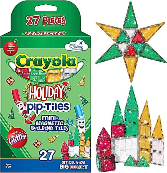 CreateOn Crayola Holiday Glitter Mini PIP Magnetic Tiles, Magnetic Kids’ Building Toys, STEM Learning Travel Toys for Boys and Girls, 27-Piece Set