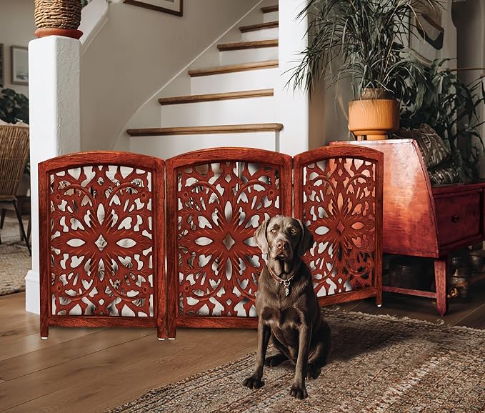 Croft&Cane Wooden Foldable Pet Dog Gate – Hand Carved 3-Panel Freestanding Dog Fence - 60 W x 24 H - Solid Wood & MDF Indoor Doorway Hallway Stairs Safety Barrier – Portable Puppy Gate - Walnut Brown