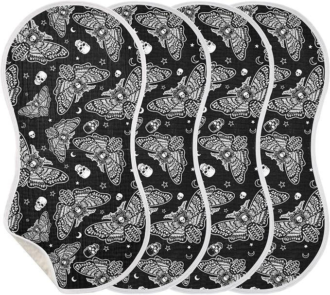 Muslin Baby Burp Cloths, Gothic Gothic Skull Moth Muslin Washcloths Baby Bibs Rags Comfy Soft Absorbent in for Newborn Boys and Girls 4 Piece 22 x 11 Inch