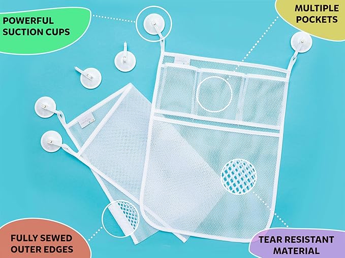 2 x Mesh Bath Toy Organizer + 8 Ultra Strong Hooks ??The Perfect Bathtub Toy Holder & Bathroom or Shower Caddy ??These Multi-use Net Bags Make Baby Bath Toy Storage Easy ??For Kids & Toddlers