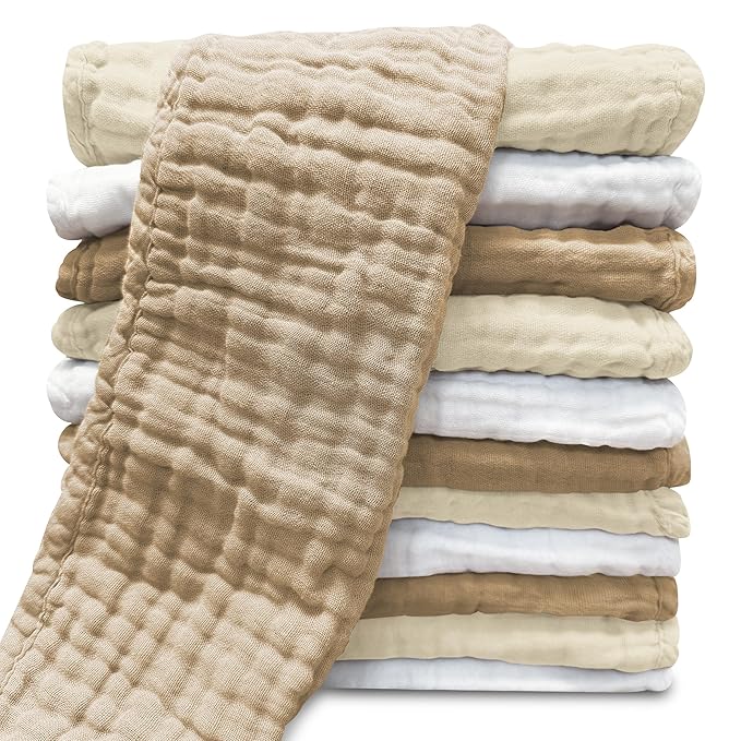 Sunny zzzZZ Muslin Burp Cloths for Baby 100% Cotton Burping Cloths for Unisex, Boy, Girl - Large 20'' by 10'' Newborn Essentials Ultra Soft Absorbent Milk Spit Up Rags - 12 Pack - White+Ivory+Brown