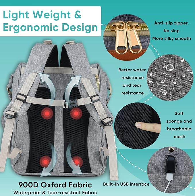 ZRSUN Baby Diaper Bag Backpack,Baby Shower Gifts, Multifunctional Travel Diaper Bag, Gifts for Mom with Portable Diaper Pad (Grey)