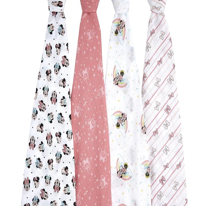 aden + anais Aden Swaddle Blanket, Muslin Blankets for Girls & Boys, Baby Receiving Swaddles, Ideal Newborn Gifts, Unisex Infant Shower Items, Wearable Swaddling Set, 4 Pk, Minnie Mouse Rainbows