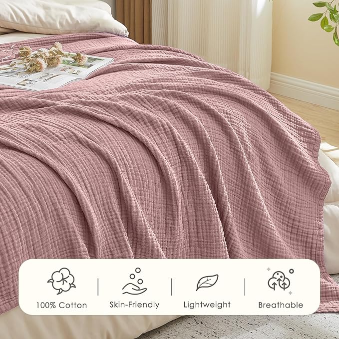 EMME Cotton Blanket King Size for Bed Soft Muslin Blankets Lightweight Breathable Layering Bedspread Coverlet All Season Gauze Blanket, Light Tan (Dusty Pink, 108"x90")