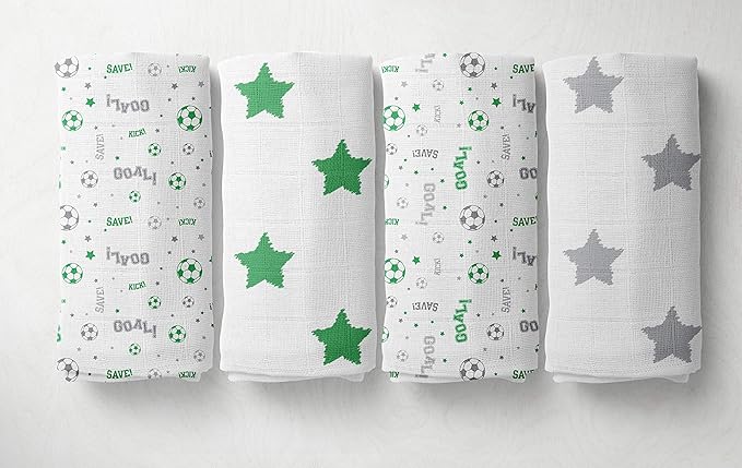 Bacati - 4 Pack Sports Baby Swaddle Blankets Boys Swaddle Wrap Soft Breathable Cotton Muslin Swaddle Blankets Receiving Blanket for Boys, Large 45 x 45 inches (Soccer Green/Grey)