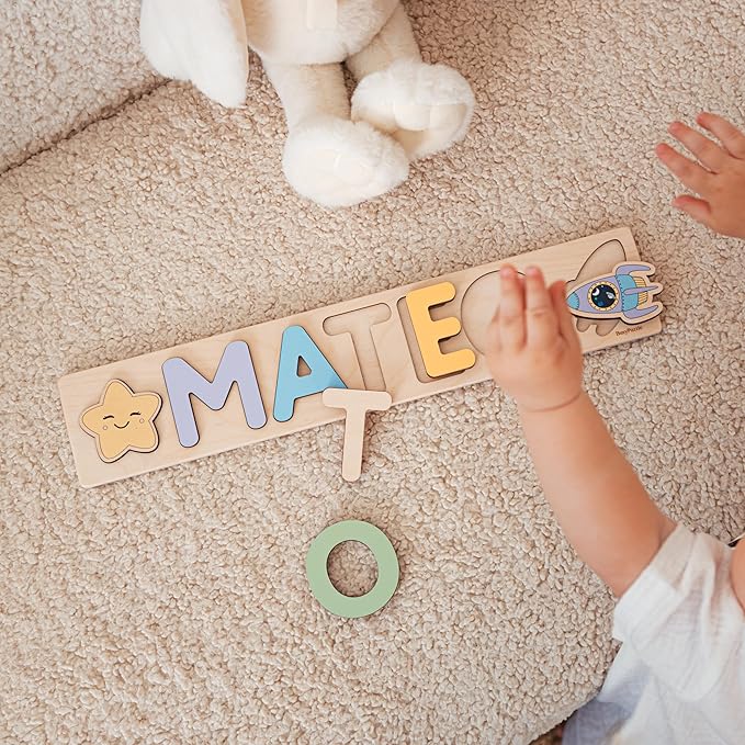 Rainbow Personalized Wooden Name Puzzle with Pegs – Montessori Learning Toy, Custom Toddler Gift, Educational Baby Shower & Birthday Present, Nursery Room Decor by BusyPuzzle