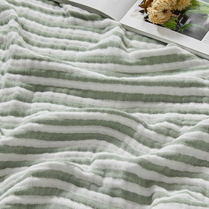 EMME Cotton Muslin Large Throw Blanket Couch 4-Layer Breathable Gauze Soft Lightweight Bed Blankets Adults (Striped Sage Green, 50"x71")