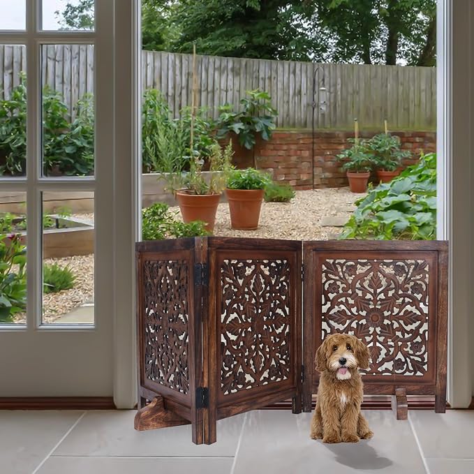 Dog Gate Indoor, Free Standing Folding Wooden Dog Gate for Doorway, Hallway or Stairs, Decorative 3 Panel Wood Pet Fence, 60x24 Inch Pet Gate, Natural Burnt Lucy Design
