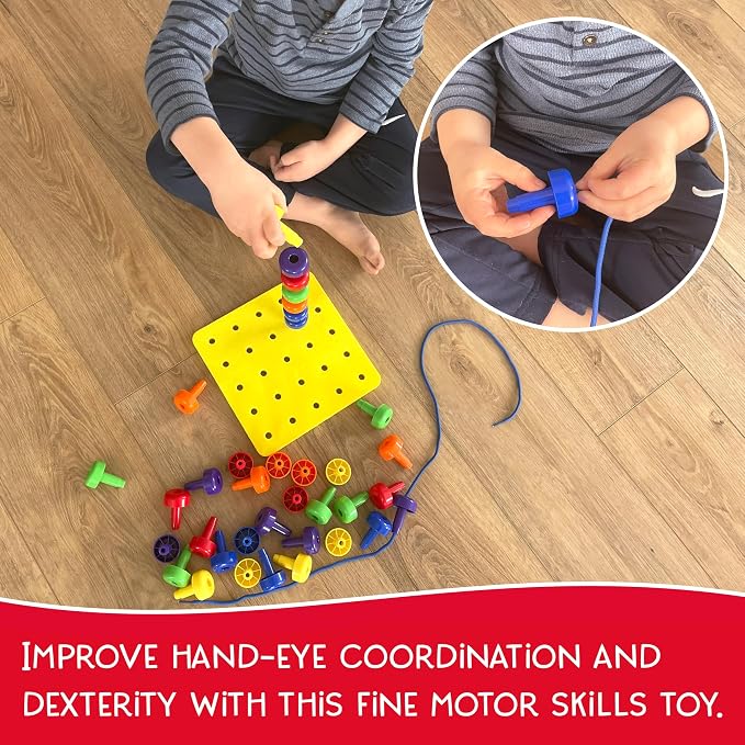 Blu Jay Foam Peg Board Toy - 36 Pegs, Foam Board, Lacing String, Storage Bag - Occupational Therapy Toys - Fine Motor Skills Toys for Toddlers and Kids (Yellow)