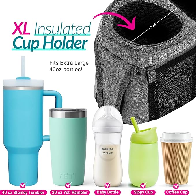 Swanoo Stroller Caddy Stroller Organizer With Cup Holder, Non Slip Straps Stroller Bag for Phone, Pet Stroller Accessories, Universal Fits Uppababby Vista v2 Wonderfold Wagon, Doona and More