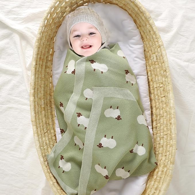 Hadetoto 100% Cotton Baby Blanket Knit Soft Cozy Swaddle Receiving Blankets Toddler Infant Blanket with Lovely Sheeps for Newborn Boy Girls - Light Green, 90 x 70cm