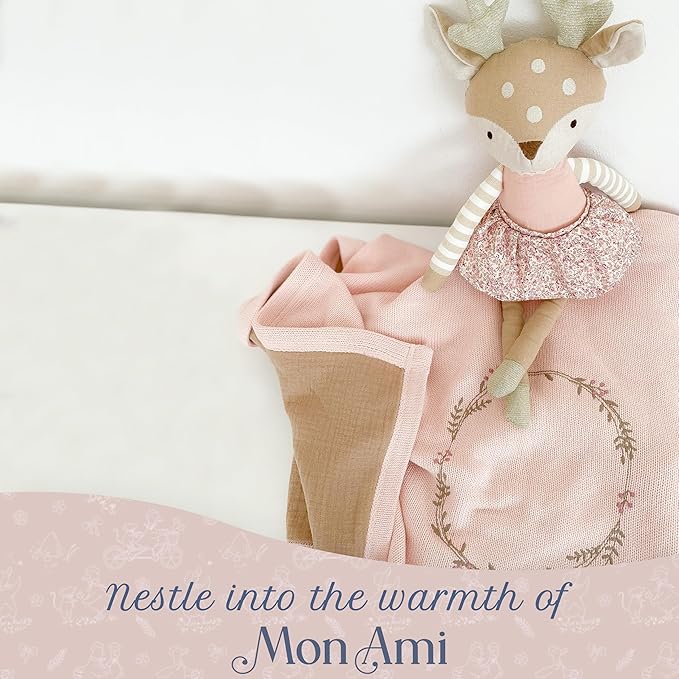 MON AMI 40-Inch Wreath Embroidered Double-Sided Blanket | 100% Cotton Pink Throw with Crinkle Muslin Backing | Soft, Lightweight & Machine Washable | Nursery & Gift Essential