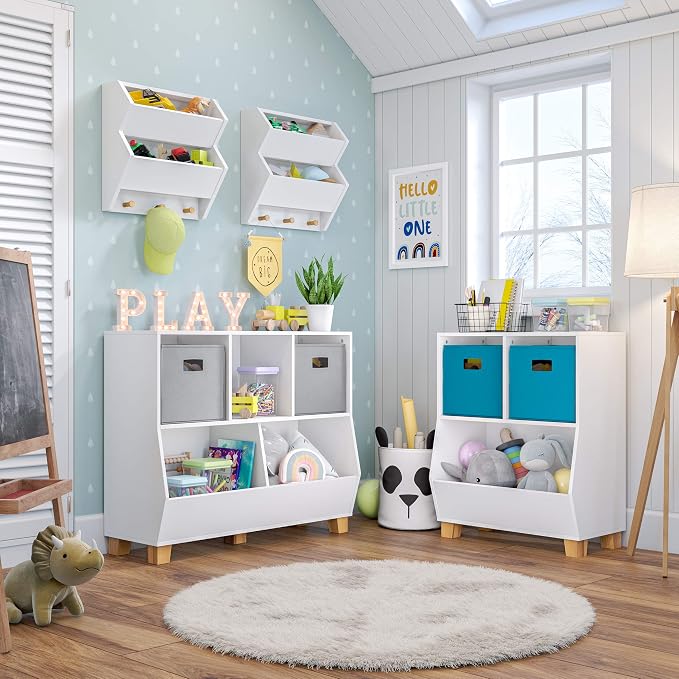 RiverRidge Kids Bookshelf Toy Storage Organizer with 2 Cubbies, 2 Folding Red Fabric Storage Bins & Spacious Bin White Playroom Toy Organizer and Cubby Storage