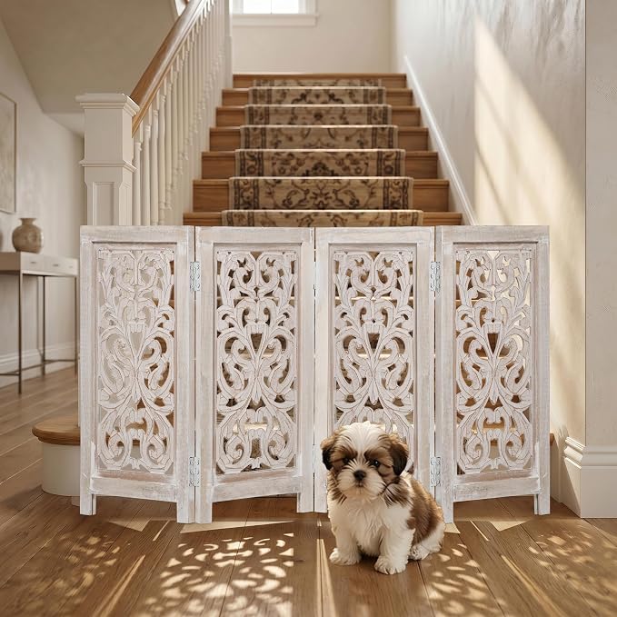 Decorative Wooden Pet Gate, Dog Fence, Cat Gate, Foldable, Adjustable, Portable, Extra-Wide, Wooden Dog Barrier, Free-Standing Puppy Gate 4 Panels for Indoor, Doorways, Stairs-26x52 Inch White Wash