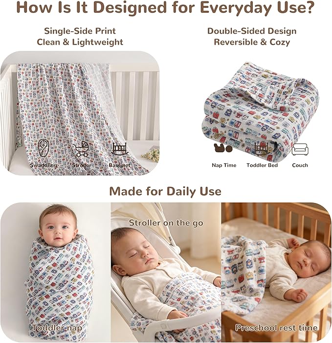 NTBAY Muslin Baby Swaddle Blanket, 2-Layer, 42x60 Lightweight Receiving Blanket for Newborns and Infants, Crib Stroller Nursery Use, Cartoon Train