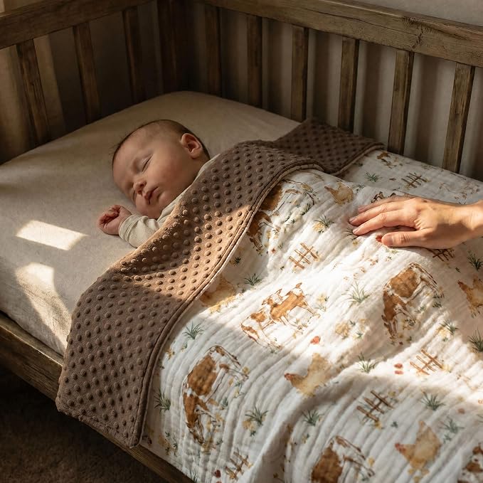 GLLQUEN BABY Blankets for Boys Girls, Soft Muslin Cotton Front Dotted Fleece Backing, Nursery Minky Crib Blanket for Infant Toddler, 30 x 40 inches Throw Blanket, Cow Farm