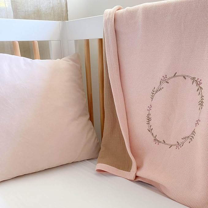 MON AMI 40-Inch Wreath Embroidered Double-Sided Blanket | 100% Cotton Pink Throw with Crinkle Muslin Backing | Soft, Lightweight & Machine Washable | Nursery & Gift Essential