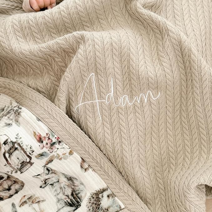 Mouliss Personalized Baby Blanket with Name ??Handmade 100% Organic Cotton Newborn Gift | Custom Knit Blanket for Boys, Girls, Kids & Baby Showers (Stone Beige/Critter Crew)