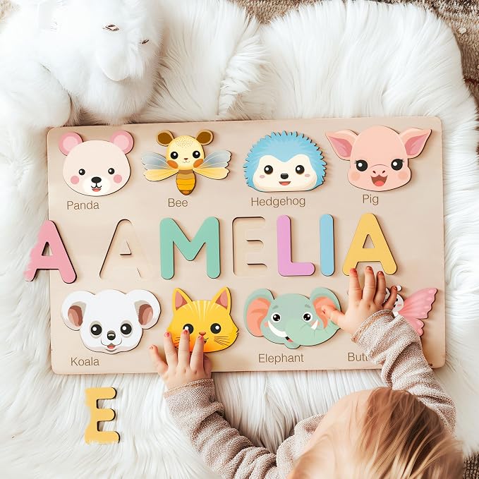 Personalized Animal Name Puzzle for Baby Boys & Girls, Handmade Wooden Toy, Custom Baby Gift, First Christmas or Birthday Present, 1 Year Old Gifts