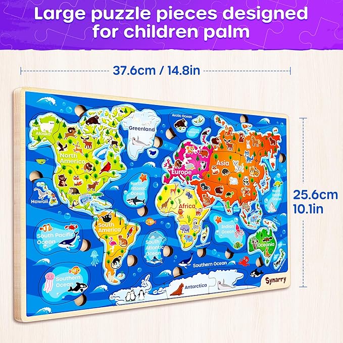 SYNARRY Large USA World Wooden Puzzles for Kids Ages 4-6, Learning United States World Maps Puzles for Kids Ages 6-8, Wood Jigsaw Puzzles Educational Games Toys Gifts for Boys Girls Ages 3-8