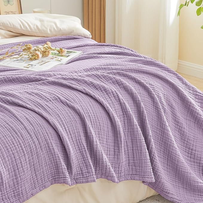 EMME Cotton Throw Blanket for Couch Soft Airy 4-Layer Muslin Bed Blankets Lightweight Breathable Blanket All Season Gauze Blanket, Lavender