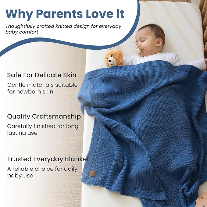 Organic Cotton Baby Blanket 30x40 in, Aegean Blue – GOTS Certified, Soft Knit Swaddle with Gift Box, Breathable Nursery Blanket for Crib & Stroller, Machine Washable