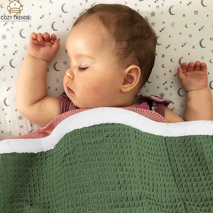 Luxurious Cotton Unisex Baby Boy Girl Blanket Waffle Weave with Sherpa Backing Soft Cozy 30''x40'' Receiving Crib Stroller Nap Blanket (Green)