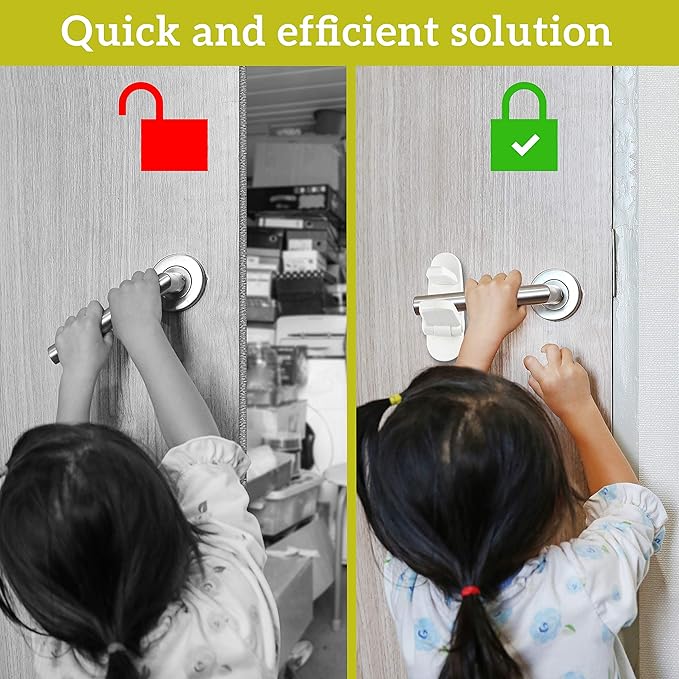 Door Lever Lock (3 Pack) Prevents Toddlers from Opening Doors. 3.25" L * 1.5" W * 4.5" H Easy One Hand Operation for Adults. Durable ABS with 3M Adhesive Backing. Simple Install, No Tools Needed.